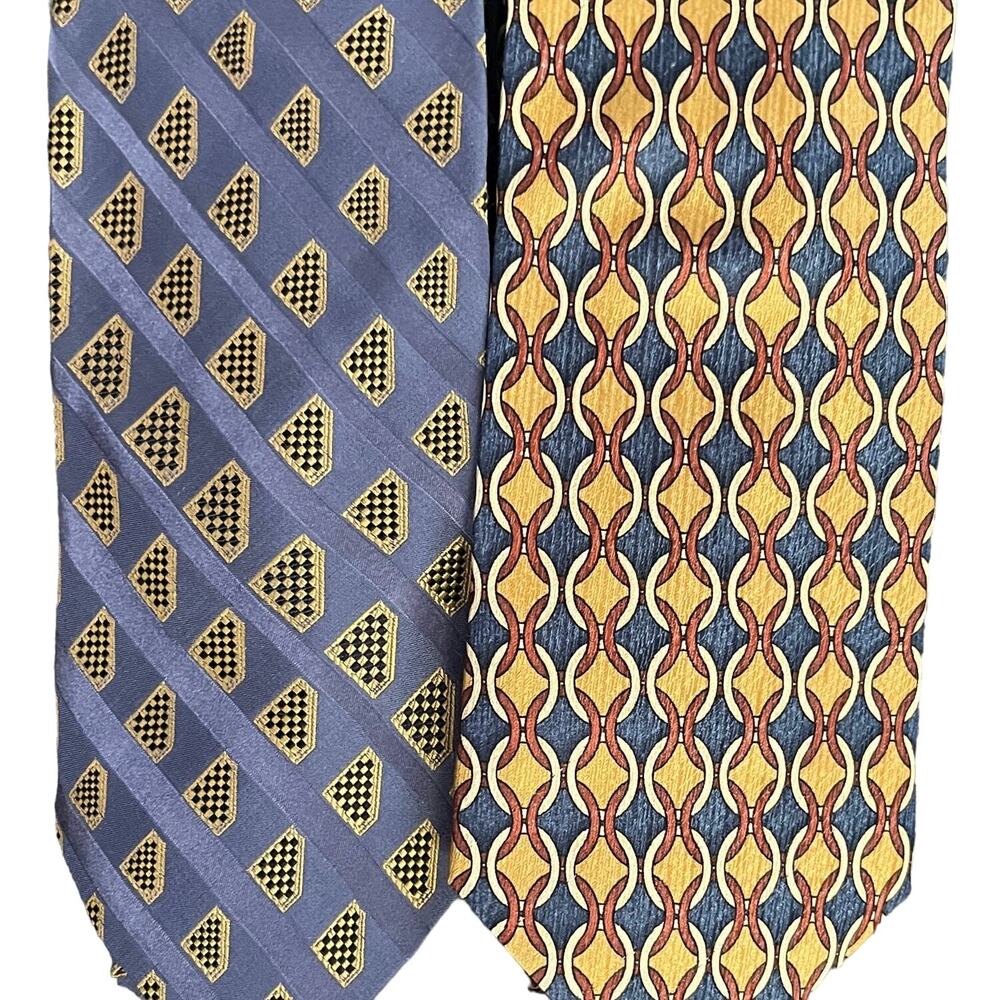 Lands' End Men's Ties Set Of Two 100% Silk Neck‎ Ties Geometric Blue Yellow EUC